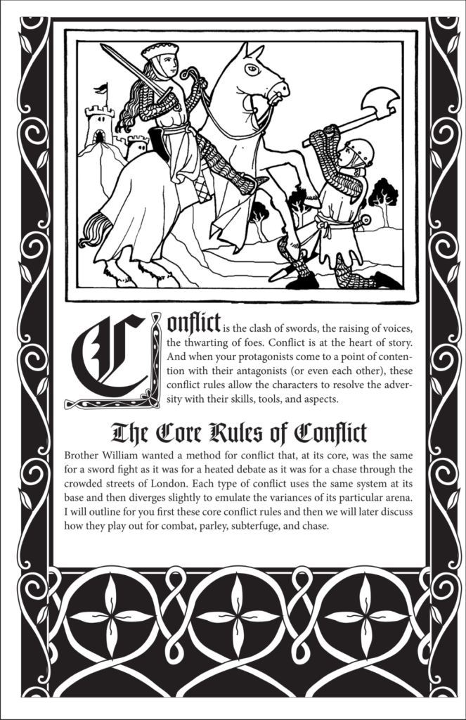 The opening page of the fifth chapter of Chronica Feudalis, on "Conflict". Line drawn decoration in black ink surrounds the text, which itself talks about how the different activities are united under the heading of conflict.