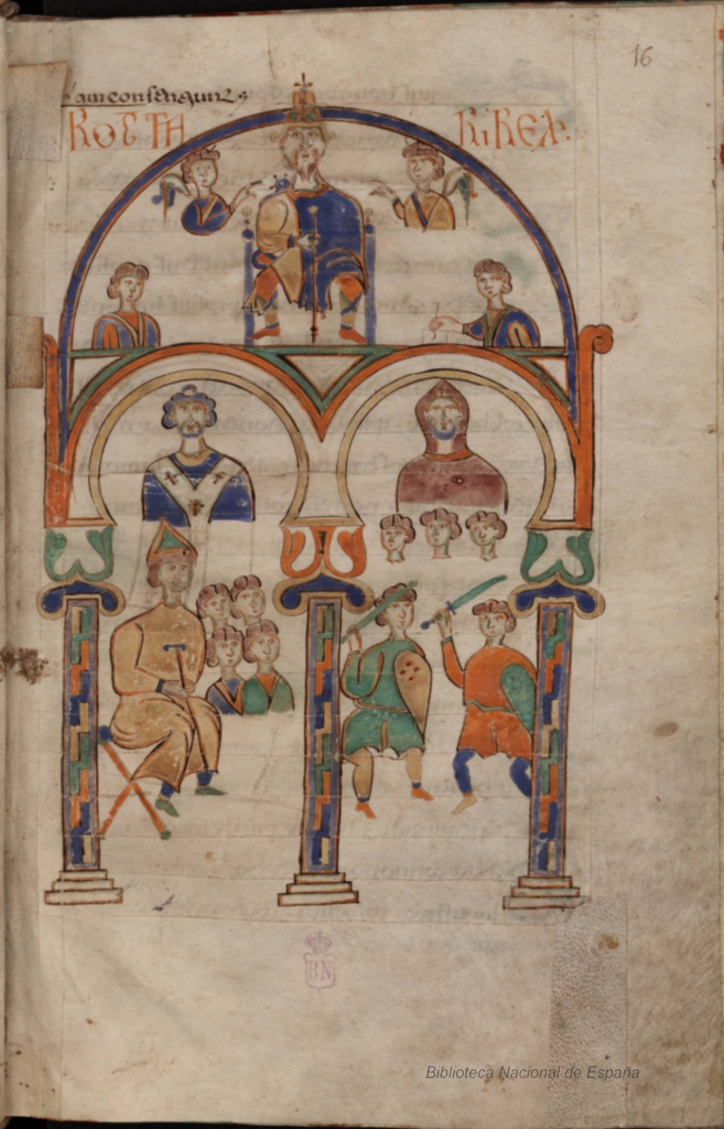 A folio from a tenth-century, south Italian manuscript of the Lombard laws (Madrid, Biblioteca National de España, MS 413, fol. 16r). The page shows King Rothari on his throne issuing the laws, surrounded by a number of retainers.