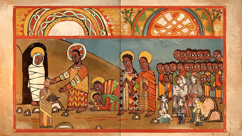 'Raising of Lazarus' scene with Sebhat of Sadai in Pentiment (Obsidian, 2022)