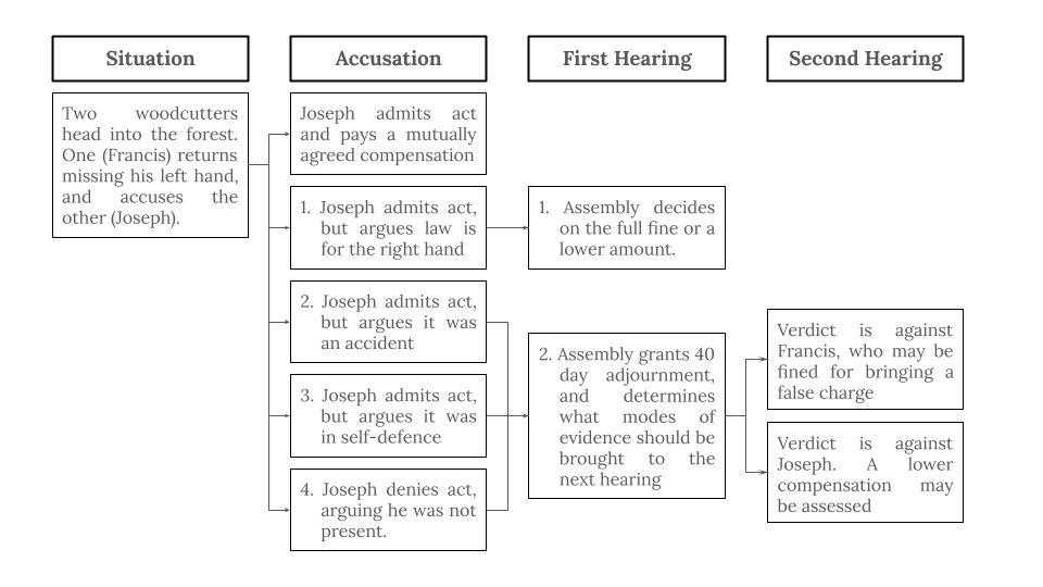Flowchart depicting the four key phases of Lisi Olivers first docufiction “The Case of the Missing Hand”. The flowchart progresses left to right from the Situation, through the accusation to the First and second hearings. 