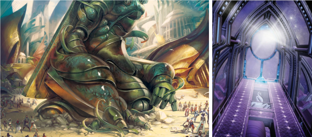 Two artworks, left is a warm tone image of a gigantuan crouched metal figure of medieval mixed with sci-fi robot style armour in the foreground of a city made of gold stone with classical columns and domed roves. Right is a purple cool-tone image of a glass room, presumably part of a space ship, with industrial style metal beaming, arched to resemble a gothic-style cathedral window, with a galaxy visible through the glass windows including white lens flare from straight ahead.