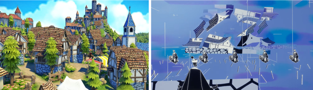 Two images from digital games, left shows a town of tudor-style buildings in the foreground with large stone castle rising up in background, in a landscape of green trees and blue sky. Right shows a blue digital space with floating black-and-white stylised figures, with a Samurai-era temple in the background floating as though the image is cut into pieces like a puzzle.