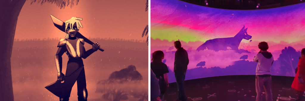 Two images of stylised digital artworks, left is an Indigenous person standing beneath a tree in a red-tone landscape resting a blade over their shoulder, wearing armour painted with white to resemble Indigenous body paint. Right is taken standing in a 360° screen room with audience members  silhouetted in foreground, image on screen shows red and pink tone landscape with giant dingo creature walking amongst the clouds.