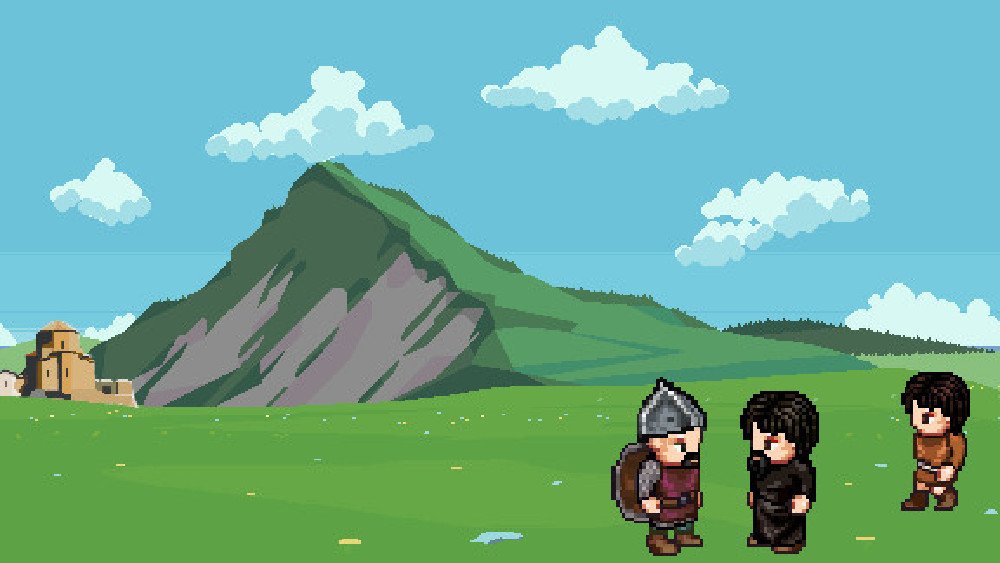 Pixel art landscape with a mountain and domed church in the background. Three chibi-style characters are gathered in the bottom right: one in a pointed helmet and chain mail, one with a priest robe, and one with a short brown robe.
