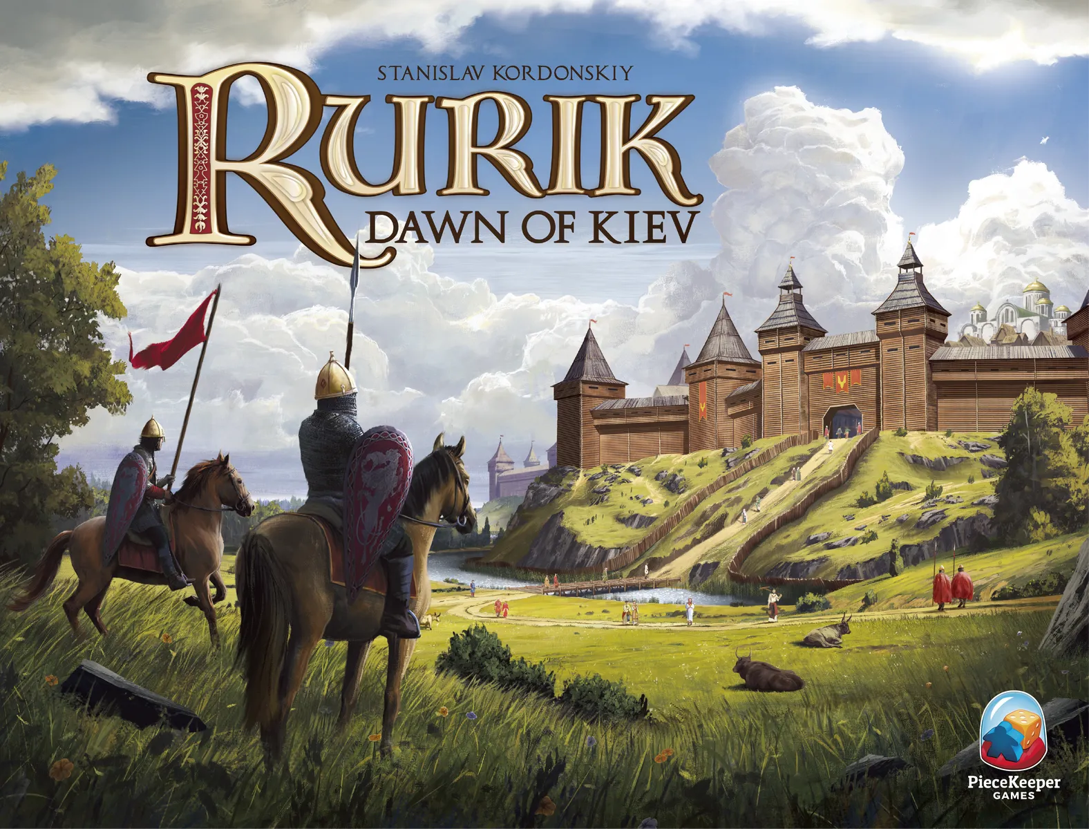 Boardgame box art for "Rurik: Dawn of Kiev", which shows two mounted warriors with chain mail and pointed helmets looking across an open grass field towards a heavy wooden-walled settlement, under a blue clouded sky.